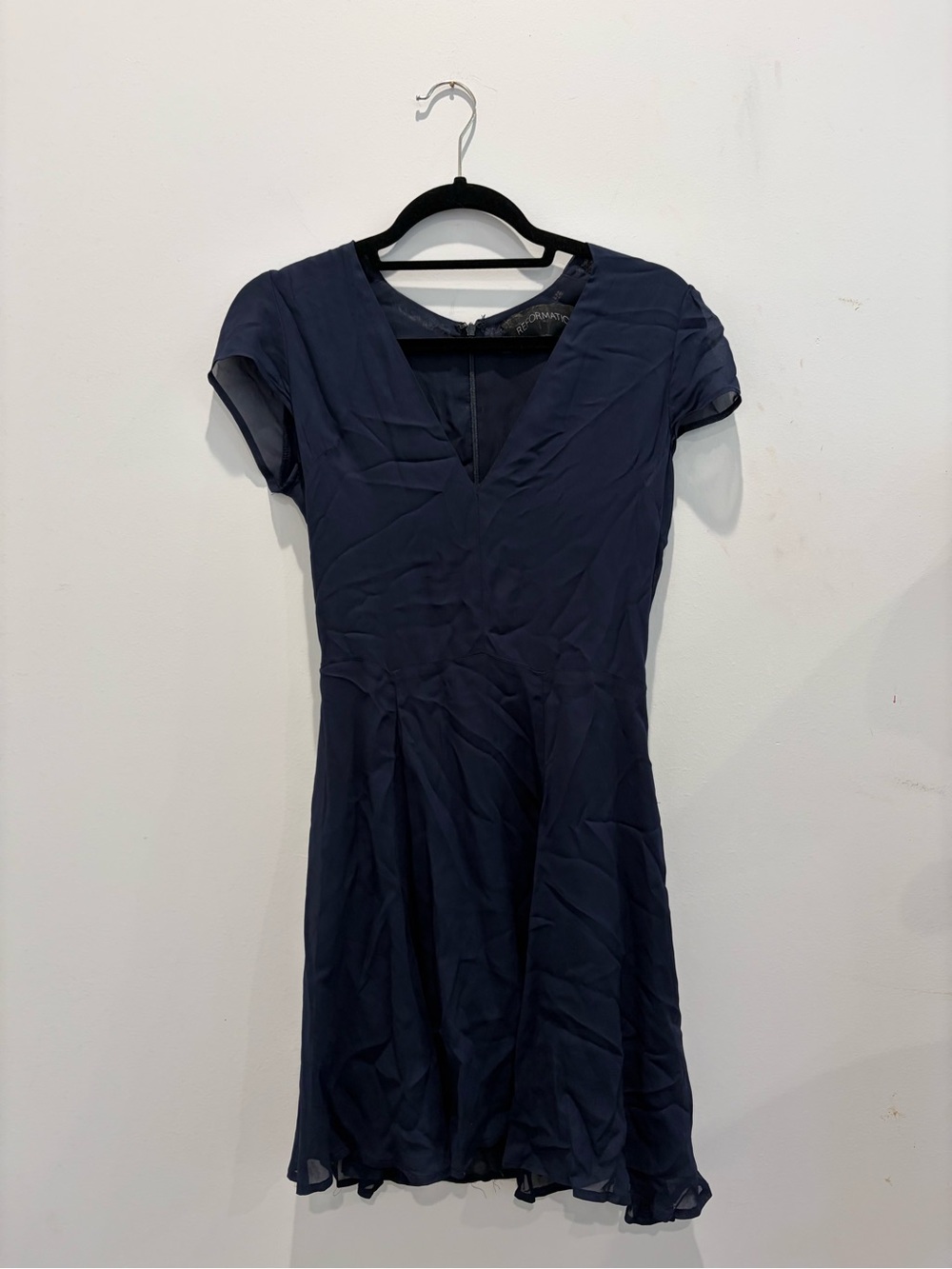 Reformation Navy V-Neck Cap Sleeve Mini Dress